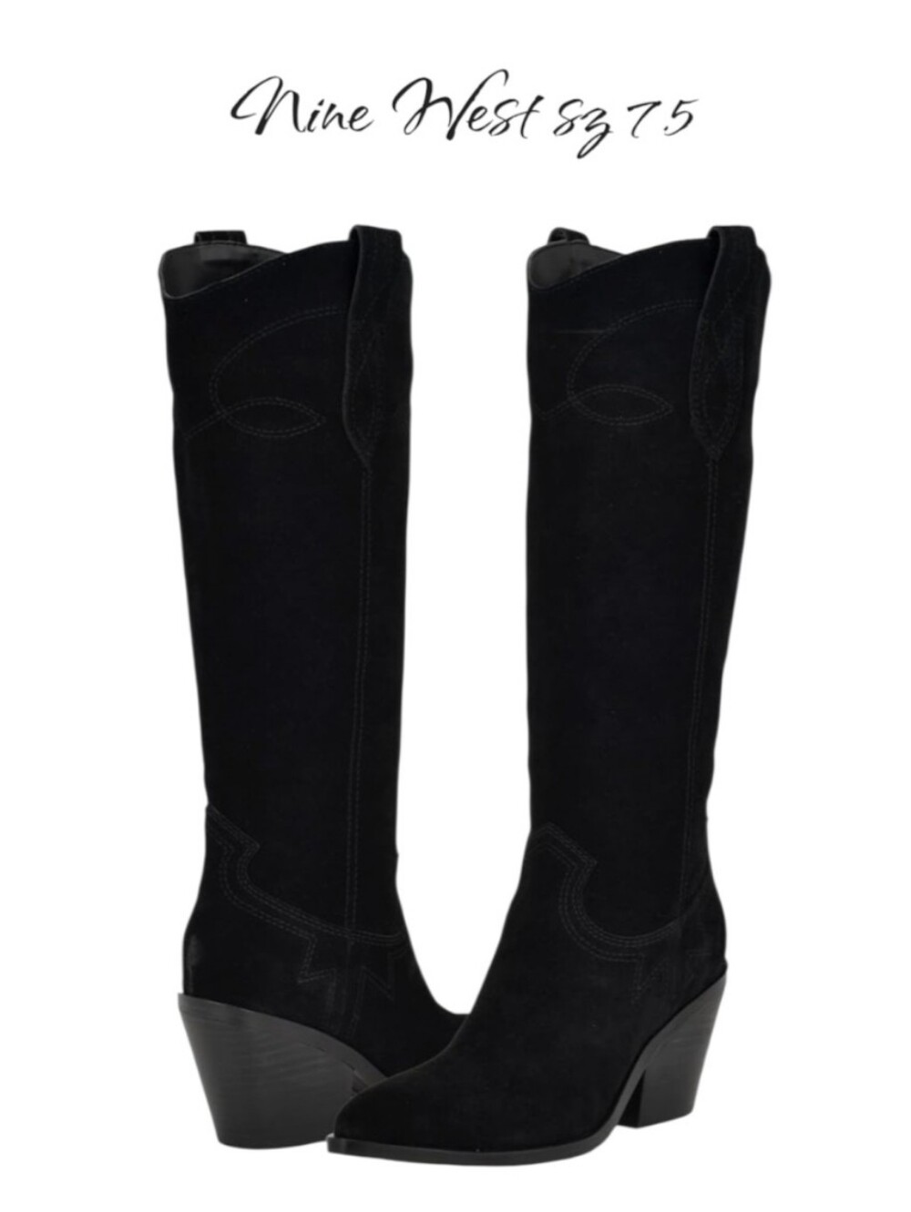 NINE WEST Smash Black Suede Western Knee High Boots Size 7.5